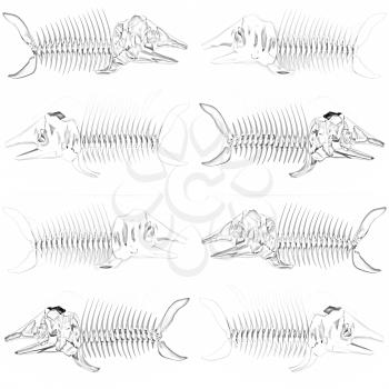 Set of 3d metall illustration of fish skeleton on a white background