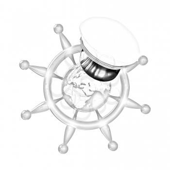 Steering wheel with Earth, and marine cap . Trip around the world concept on a white background