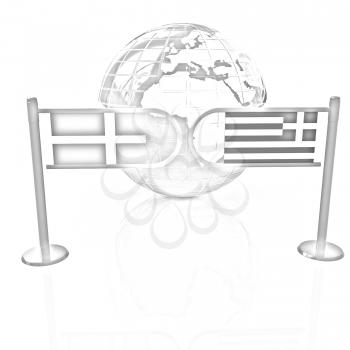 Three-dimensional image of the turnstile and flags of Denmark and Greece on a white background 