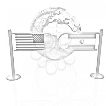 Three-dimensional image of the turnstile and flags of USA and Iran on a white background 