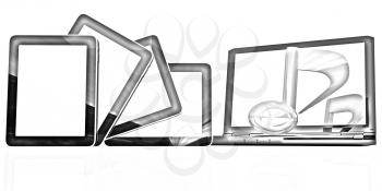 yellow note on the  laptop and  tablet pc on a white background