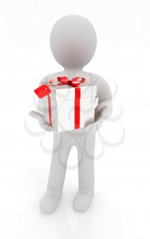 3d man and gift with red ribbon on a white background 