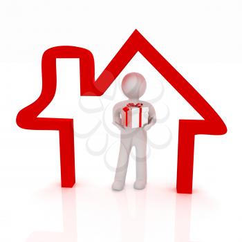 Presentation of new house. 3d man holds the gift, and is within the red icon house 