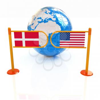 Three-dimensional image of the turnstile and flags of Denmark and USA on a white background 
