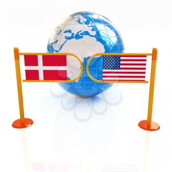 Three-dimensional image of the turnstile and flags of Denmark and USA on a white background 