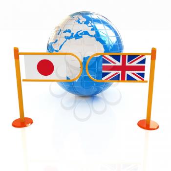 Three-dimensional image of the turnstile and flags of UK and Japan on a white background 