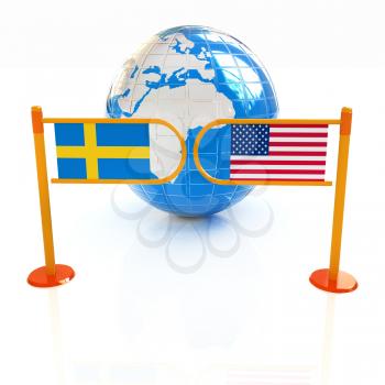 Three-dimensional image of the turnstile and flags of USA and Sweden on a white background 