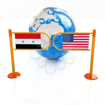 Three-dimensional image of the turnstile and flags of USA and Syria on a white background 