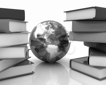 Colorful books and earth on a white background