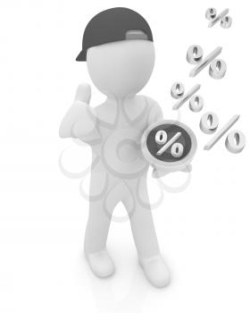 Best percent! 3d man in a red peaked cap keeps the most beneficial interest! On a white background