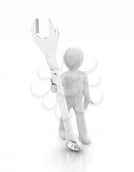 3d man - wrench in hands on a white background