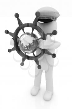 Sailor with wood steering wheel and earth. Trip around the world concept on a white background