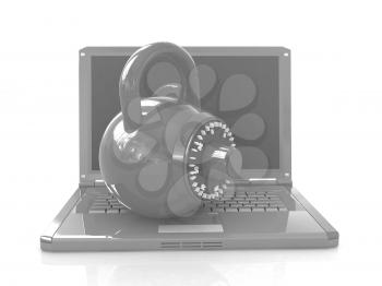 Laptop with lock.3d illustration on white isolated background.