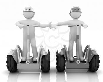 3d people in riding on a personal and ecological transport in helmet and holding hands. Concept of partnership