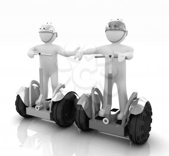 3d people in riding on a personal and ecological transport in helmet and holding hands. Concept of partnership