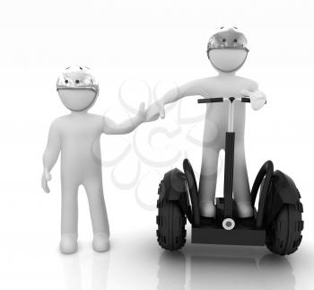 3d people in riding on a personal and ecological transport in helmet and holding hands. Concept of partnership