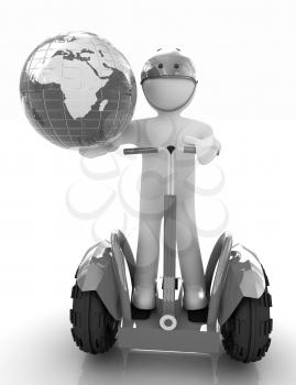 3d white person riding on a personal and ecological transport and earth.Global ecology and healthy life concept.3d image. 