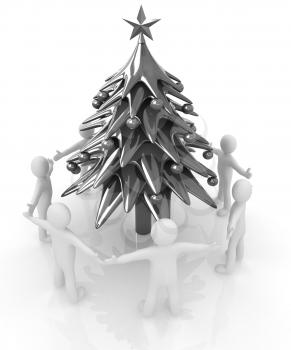 3D human around Christmas tree on a white background