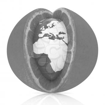 Earth on orange fruit on white background. Creative conceptual image. 