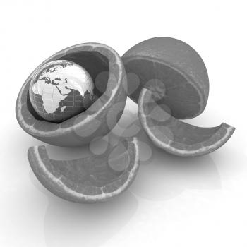 Earth and orange fruit on white background. Creative conceptual image. 