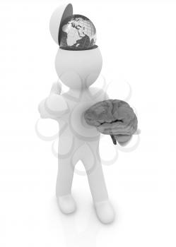 3d people - man with half head, brain and trumb up. Traveling concept with earth