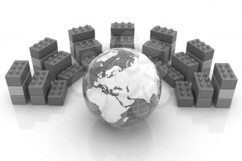 Building blocks efficiency concept on white. Globall with earth