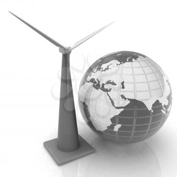 Wind turbine isolated on white. Global concept with eart