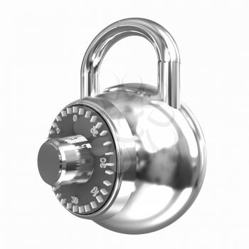 Illustration of security concept with chrome locked combination pad lock on a white background