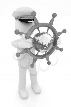 Sailor with wood steering wheel and earth. Trip around the world concept on a white background