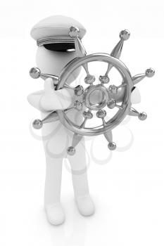 Sailor with gold steering wheel and earth. Trip around the world concept on a white background