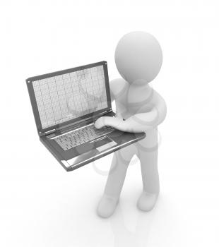 3d man with laptop on a white background