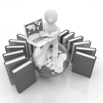 3d man sitting on earth and working at his laptop and books around his on a white background