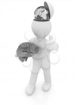 3d people - man with half head, brain and trumb up. Traveling concept with earth