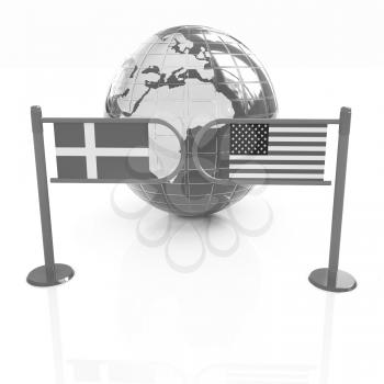 Three-dimensional image of the turnstile and flags of Denmark and USA on a white background 