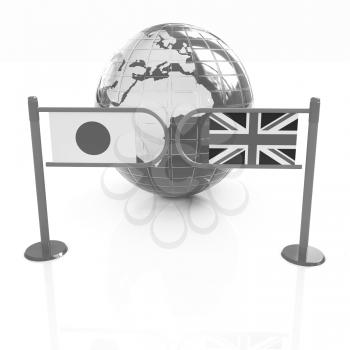 Three-dimensional image of the turnstile and flags of UK and Japan on a white background 