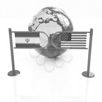 Three-dimensional image of the turnstile and flags of USA and Iran on a white background 