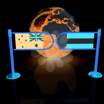 Three-dimensional image of the turnstile and flags of Australia and Austria on a white background 