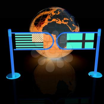 Three-dimensional image of the turnstile and flags of Denmark and USA on a white background 