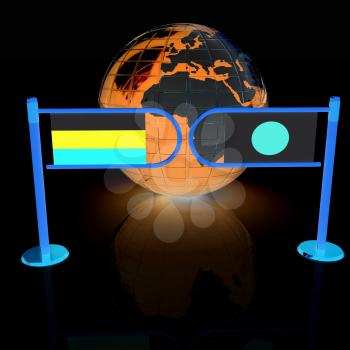 Three-dimensional image of the turnstile and flags of Japanese and Russia on a white background 