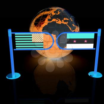 Three-dimensional image of the turnstile and flags of USA and Syria on a white background 