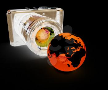 3d illustration of photographic camera and Earth on white background