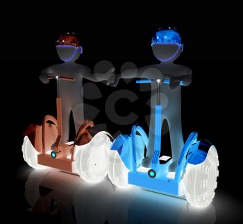 3d people in riding on a personal and ecological transport in helmet and holding hands. Concept of partnership