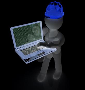 3D small people - an engineer with the laptop on a white background