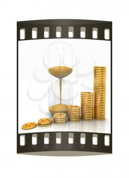 hourglass and coins on a white background. The film strip