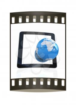 Phone and earch on white background.Global internet concept on a white background. The film strip