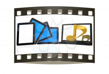 yellow note on the  laptop and  tablet pc on a white background. The film strip