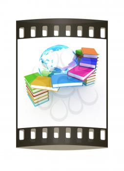 Colorful books and earth on a white background. The film strip