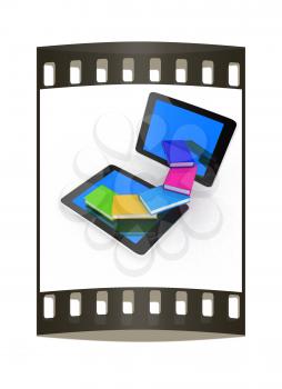 tablet pc and colorful real books on white background. The film strip