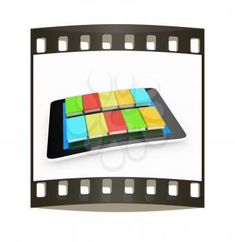 tablet pc and colorful real books on white background. The film strip