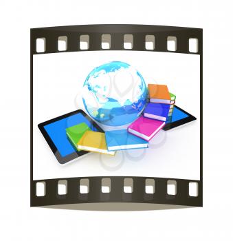 tablet pc and earth with colorful real books  on white background. The film strip